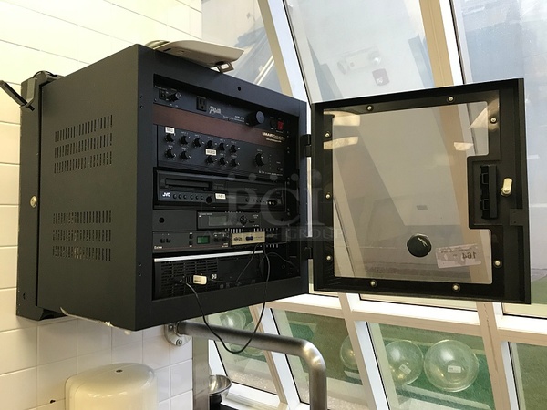 Wall Mounted AV Cabinet w/ Power Management, Reciever / Amplifier, DVD / VHS Player, Audio & Video Splitter & HP Z400 Workstation Windows Computer