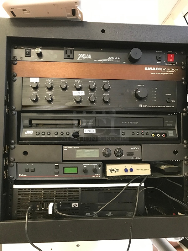 Wall Mounted AV Cabinet w/ Power Management, Reciever / Amplifier, DVD / VHS Player, Audio & Video Splitter & HP Z400 Workstation Windows Computer - Image 2 of 2