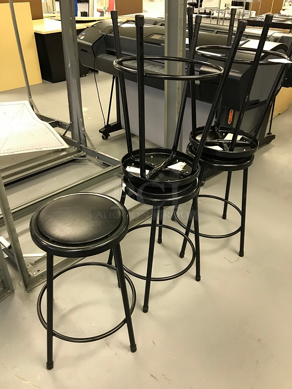 Six Black Metal Stools w/ Vinyl Padded Seats