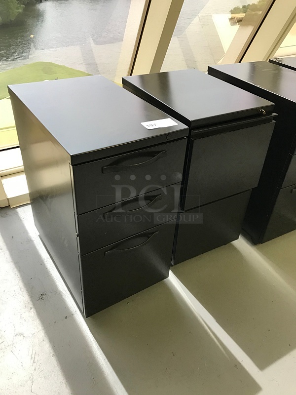 Two Black Metal Under Desk Filing Cabinets on Casters