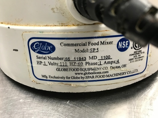 Globe SP5 Aluminum Gear Driven 5 Qt Commercial Countertop Mixer, Includes Attachments, 115v 1ph, Tested & Working! (See Video) - Image 3 of 3