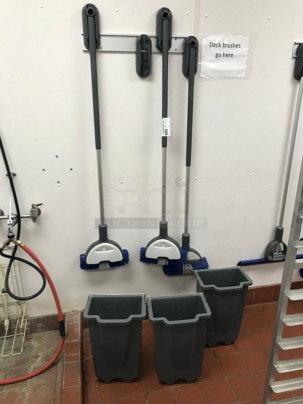 Three Ecolab Scrubbing Brushes & Buckets