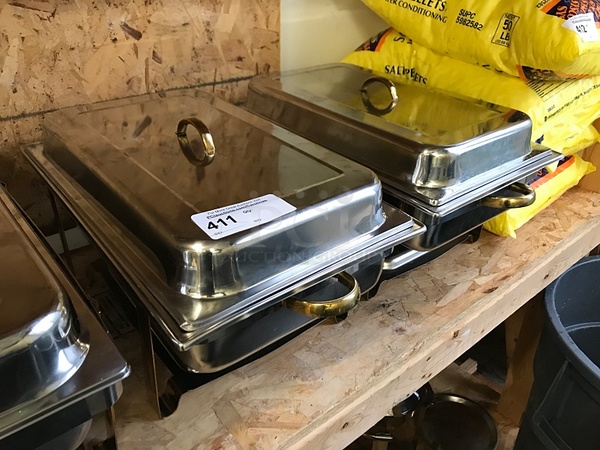 Two Stainless Steel Chafing Dishes on Stands w/ Lids