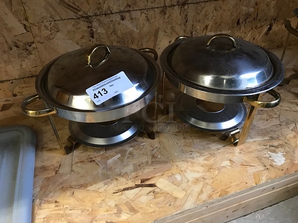 Two Round Stainless Steel Chafing Dishes on Stands w/ Lids