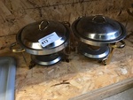Two Round Stainless Steel Chafing Dishes on Stands w/ Lids