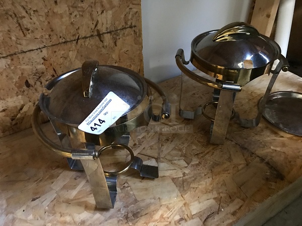 Two Round Stainless Steel Chafing Dishes on Stands w/ Lids