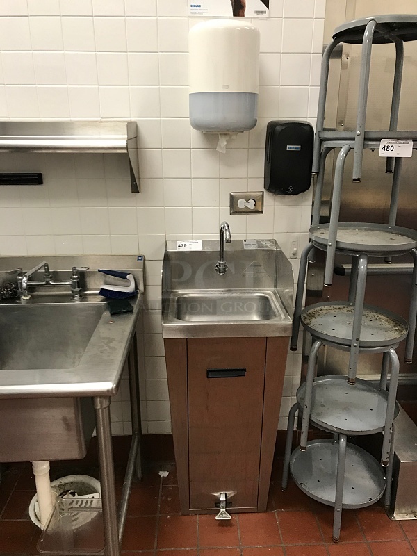 Advance Tabco Stainless Steel Pedestal Hand Sink w/ Foot Controls w/ Tork Pull Hand Towel Dispenser & Ecolab Automatic Hand Soap Dispenser 