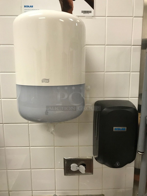 Advance Tabco Stainless Steel Pedestal Hand Sink w/ Foot Controls w/ Tork Pull Hand Towel Dispenser & Ecolab Automatic Hand Soap Dispenser  - Image 4 of 4