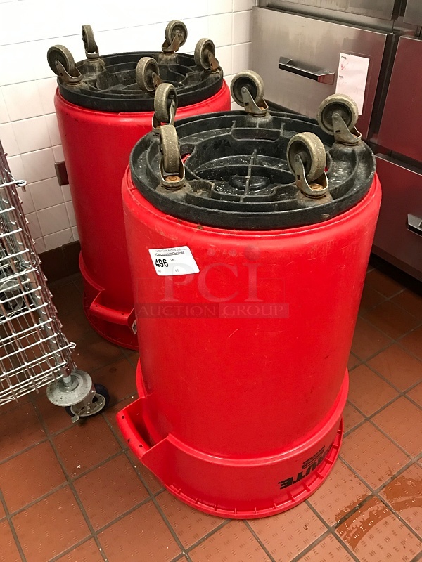 Two Rubbermaid Brute Trash Cans on Dollies