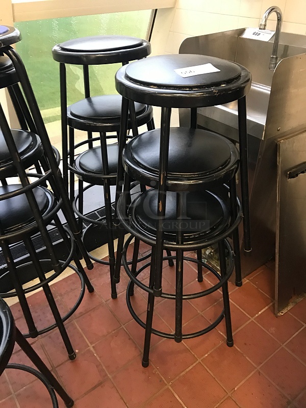 Six Black Metal Stools w/ Vinyl Padded Seat