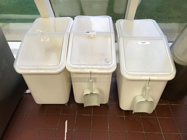 Three Cambro Rolling Ingredient Bins