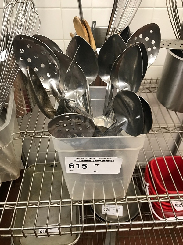 Stainless Steel Serving Spoons & Plastic Ingredient Bin - Image 1 of 1