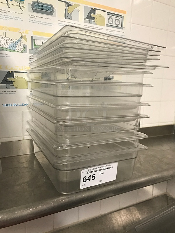 Six Half Size 4" Clear Plastic Insert Pans w/ Lids - Image 1 of 1