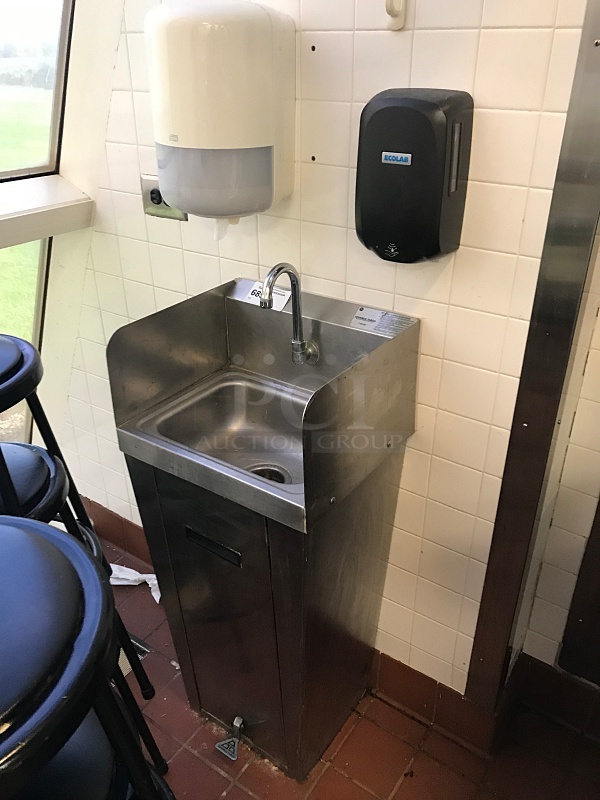 Advance Tabco Stainless Steel Pedestal Hand Sink w/ Foot Controls w/ Tork Pull Hand Towel Dispenser & Ecolab Automatic Hand Soap Dispenser