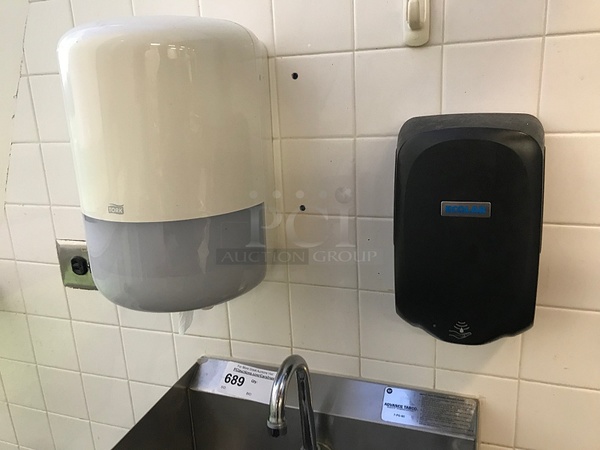 Advance Tabco Stainless Steel Pedestal Hand Sink w/ Foot Controls w/ Tork Pull Hand Towel Dispenser & Ecolab Automatic Hand Soap Dispenser - Image 4 of 4