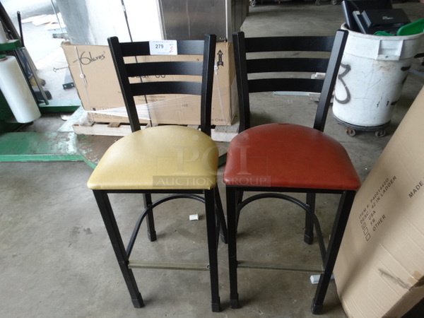 2 Black Metal Bar Height Chairs w/ Yellow and Red Seat Cushions. 17x17x44. 2 Times Your Bid!