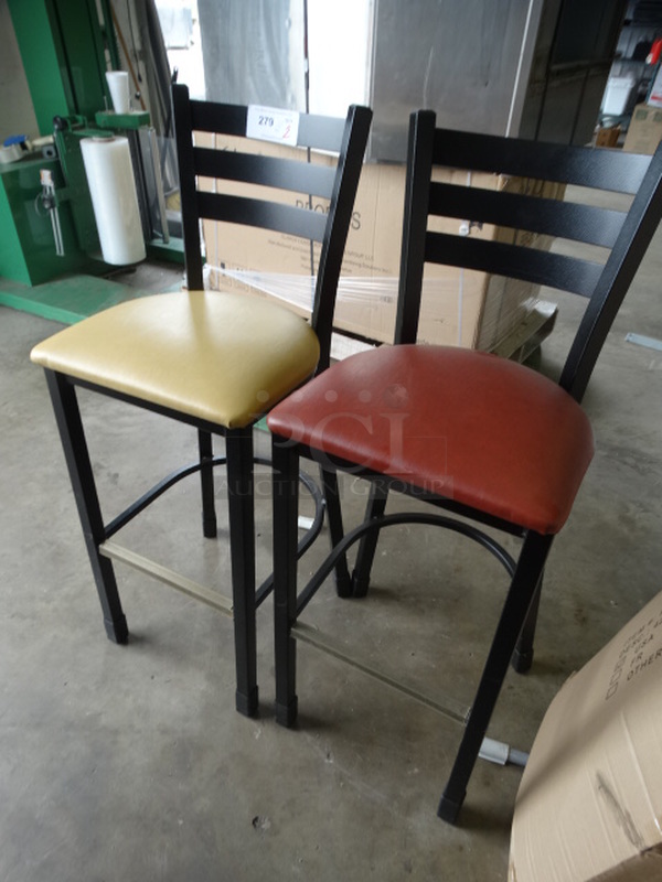 2 Black Metal Bar Height Chairs w/ Yellow and Red Seat Cushions. 17x17x44. 2 Times Your Bid! - Image 2 of 6