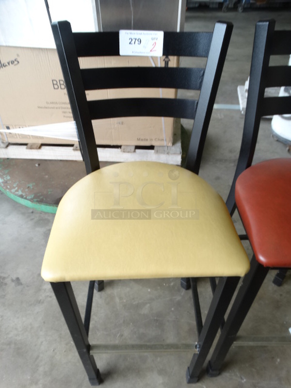 2 Black Metal Bar Height Chairs w/ Yellow and Red Seat Cushions. 17x17x44. 2 Times Your Bid! - Image 4 of 6