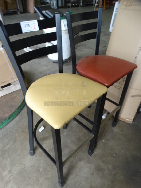 2 Black Metal Bar Height Chairs w/ Yellow and Red Seat Cushions. 17x17x44. 2 Times Your Bid! - Image 5 of 6