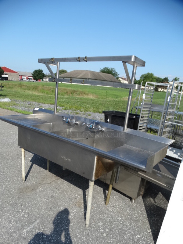 Stainless Steel Commercial 3 Bay Sink w/ Dual Drainboards, Faucets and Handles. 96x28x72. Bays 18x24x11. Drainboards 19x24x2 - Image 2 of 10