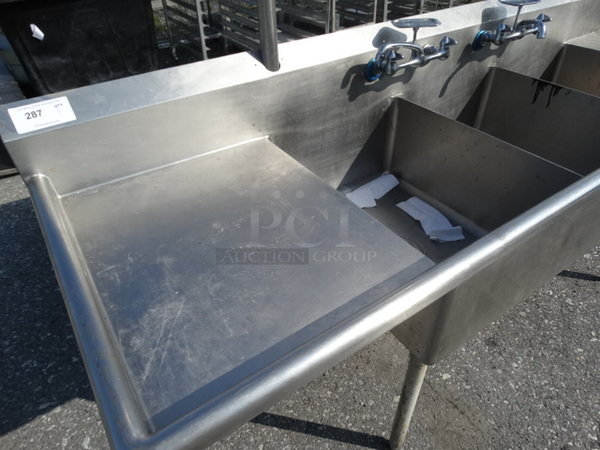 Stainless Steel Commercial 3 Bay Sink w/ Dual Drainboards, Faucets and Handles. 96x28x72. Bays 18x24x11. Drainboards 19x24x2 - Image 5 of 10