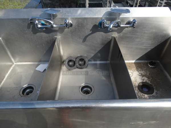 Stainless Steel Commercial 3 Bay Sink w/ Dual Drainboards, Faucets and Handles. 96x28x72. Bays 18x24x11. Drainboards 19x24x2 - Image 7 of 10
