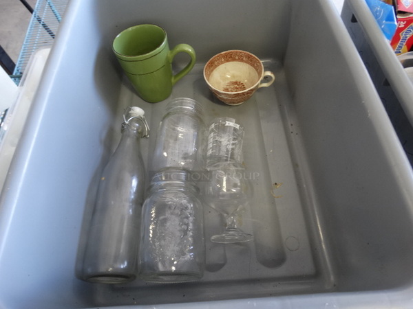 7 Various Glasses/Mugs in Gray Poly Bus Bin. 7 Times Your Bid!
