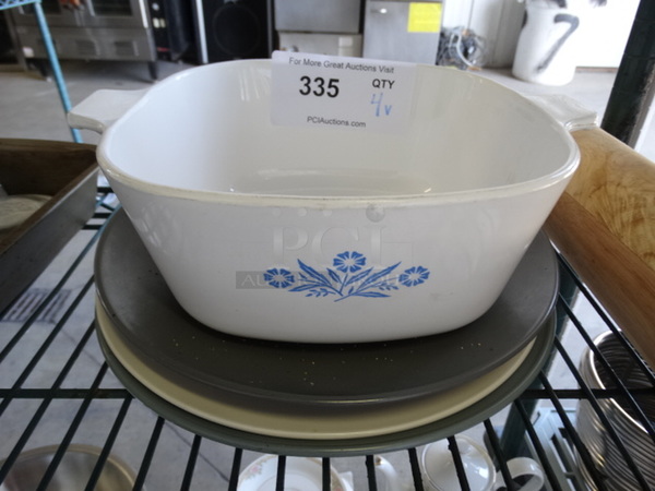 4 Various Ceramic Dishes; Casserole and 3 Plates. 10.5x8.5x3.5, 10.5x10.5x1. 4 Times Your Bid!
 - Image 1 of 3