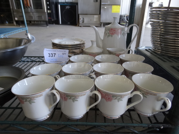 ALL ONE MONEY! Lot of COMPLETE Tea Set; 12 Teacups, 12 Saucers, Pitcher, Cream Pitcher and Sugar Container! Includes 4.5x3.5x3.5, 6x6x1
