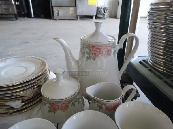 ALL ONE MONEY! Lot of COMPLETE Tea Set; 12 Teacups, 12 Saucers, Pitcher, Cream Pitcher and Sugar Container! Includes 4.5x3.5x3.5, 6x6x1
 - Image 4 of 7