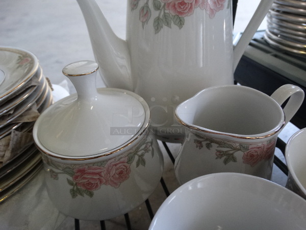 ALL ONE MONEY! Lot of COMPLETE Tea Set; 12 Teacups, 12 Saucers, Pitcher, Cream Pitcher and Sugar Container! Includes 4.5x3.5x3.5, 6x6x1
 - Image 6 of 7