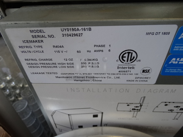 FANTASTIC! 2018 Manitowoc Model UY0190A-161B Stainless Steel Commercial Self Contained Ice Machine. 115 Volts, 1 Phase. 26x28x40
 - Image 8 of 9