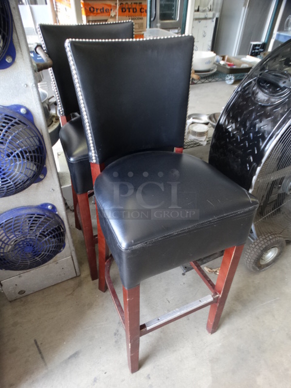 2 Black Pleather Bar Height Chairs on Wood Pattern Legs w/ Nail Head Trim. 18x18x44. 2 Times Your Bid! - Image 2 of 5