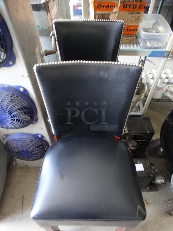2 Black Pleather Bar Height Chairs on Wood Pattern Legs w/ Nail Head Trim. 18x18x44. 2 Times Your Bid! - Image 4 of 5