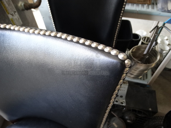 2 Black Pleather Bar Height Chairs on Wood Pattern Legs w/ Nail Head Trim. 18x18x44. 2 Times Your Bid! - Image 5 of 5