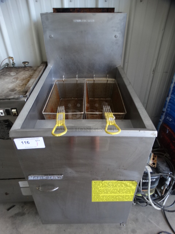 GREAT! MagiKitch'n Stainless Steel Commercial Gas Powered Deep Fat Fryer w/ 2 Metal Fry Baskets. 150,000 BTU. 20x34x47 - Image 1 of 6