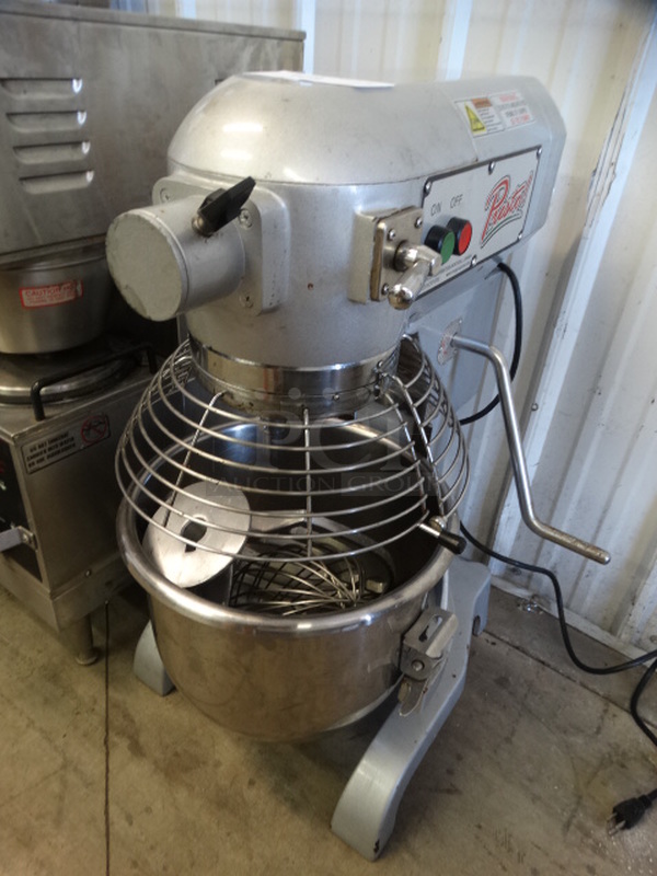 WOW! 2014 Presto Model PM20 Metal Commercial 20 Quart Planetary Mixer w/ Metal Mixing Bowl, Bowl Guard, Dough Hook Paddle and Whisk Attachments. 110 Volts, 1 Phase. 17x20x30. Tested and Does Not Power On