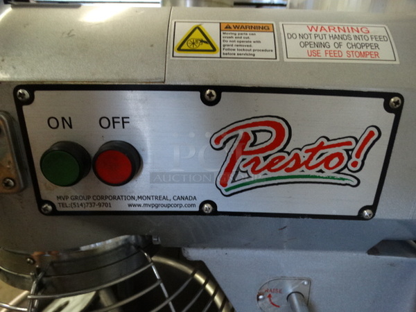 WOW! 2014 Presto Model PM20 Metal Commercial 20 Quart Planetary Mixer w/ Metal Mixing Bowl, Bowl Guard, Dough Hook Paddle and Whisk Attachments. 110 Volts, 1 Phase. 17x20x30. Tested and Does Not Power On - Image 5 of 6