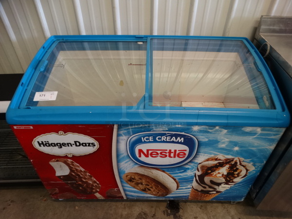 NICE! Floor Style Commercial Frozen Treat Ice Cream Novelty Freezer Merchandiser w/ 2 Sliding Doors. 49x25x35. Tested and Powers On But Does Not Get Cold