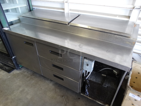 GREAT! Delfield Stainless Steel Commercial Pizza Prep Table w/ 2 Lids, Door and 3 Drawers. 72x32x42. Cannot Test Due To Plug Style 