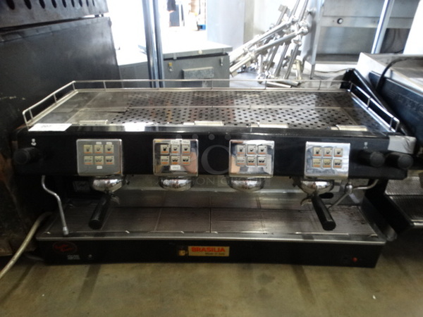 GORGEOUS! Brasilia Model Portofino DEL-4 Stainless Steel Commercial Countertop 4 Group Espresso Machine w/ 2 Portafilters and 2 Steam Wands. 230 Volts, 1 Phase. 44x20x19