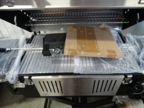 BRAND NEW IN BOX! Glaros Model BBQP-SS Stainless Steel Portable BBQ Grill on Casters. Comes w/ Rotisserie Spit, 2 Cooking Stones and Cover! Stock Picture Used To Show Item - Comes Disassembled In Box. 56x21x41 - Image 6 of 11