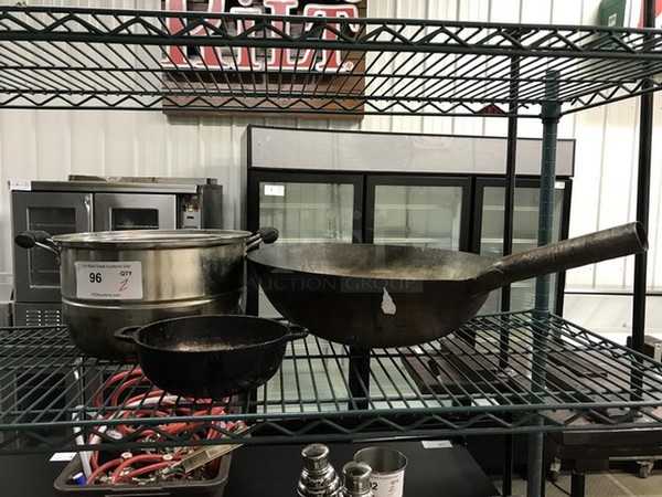 3 Items; 2 Metal Pots and 1 Wok Style Skillet. 9x7.5x2.5, 15x11.5x7, 23x16x9. 3 Times Your Bid!