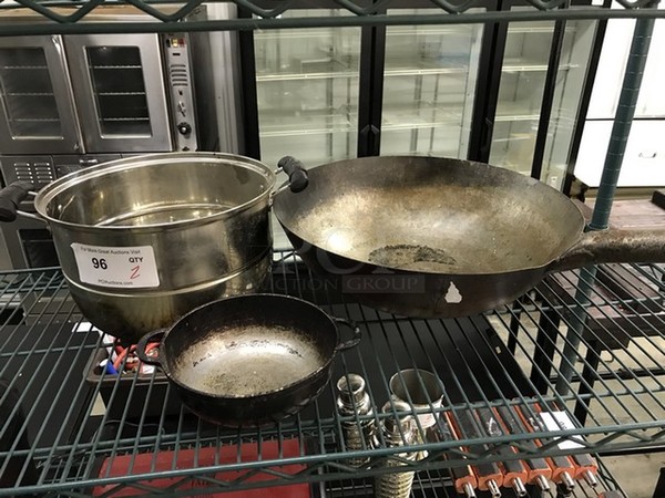 3 Items; 2 Metal Pots and 1 Wok Style Skillet. 9x7.5x2.5, 15x11.5x7, 23x16x9. 3 Times Your Bid! - Image 5 of 6