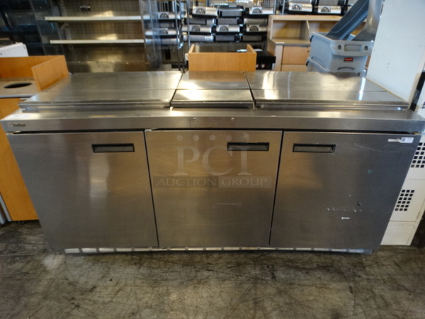 WOW! Delfield Stainless Steel Commercial Pizza Prep Table w/ 3 Lids and 3 Doors on Commercial Casters. 72x32x38. Tested and Working!