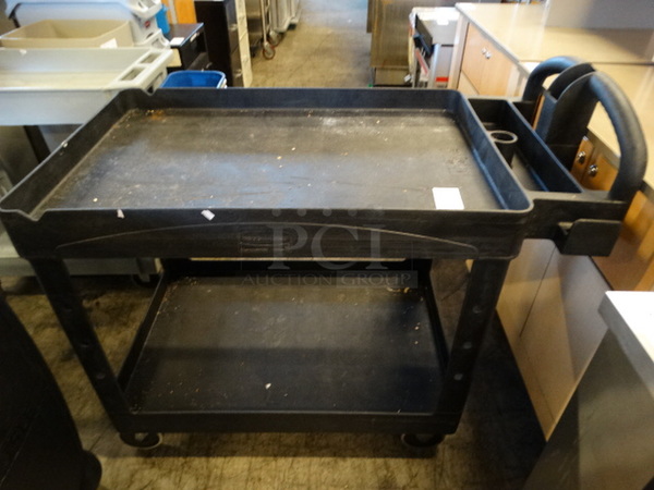 Black Poly 2 Tier Cart w/ Push Handle on Commercial Casters. 44x25x39