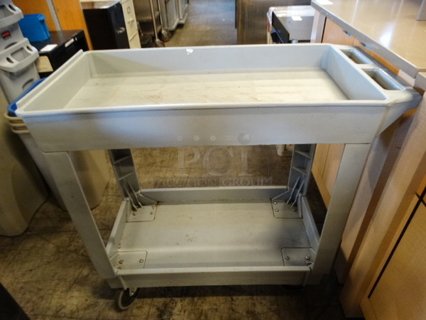 Gray Poly 2 Tier Cart w/ Push Handle on Commercial Casters. 34x17x33