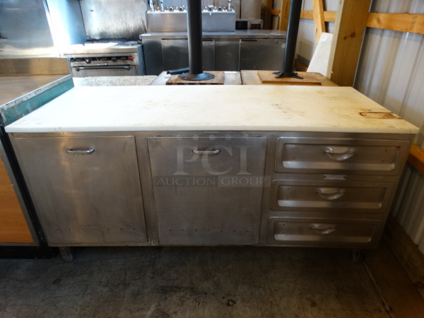 Stainless Steel Commercial Bakery Table w/ 2 Large Drawers/Doors and 3 Right Side Drawers. 70x30x33 