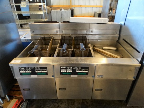 GORGEOUS! 2005 Pitco Frialator Model SG18-JS Stainless Steel Commercial Natural Gas Powered 2 Bay Deep Fat Fryer w/ Right Side Dumping Warming Station and Lower Filtration System on Commercial Casters. 140,000 BTU. 59x35x46