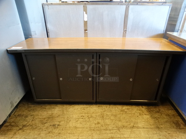 Brown Metal Counter w/ 4 Doors and Wood Pattern Countertop. 70x20x29.5